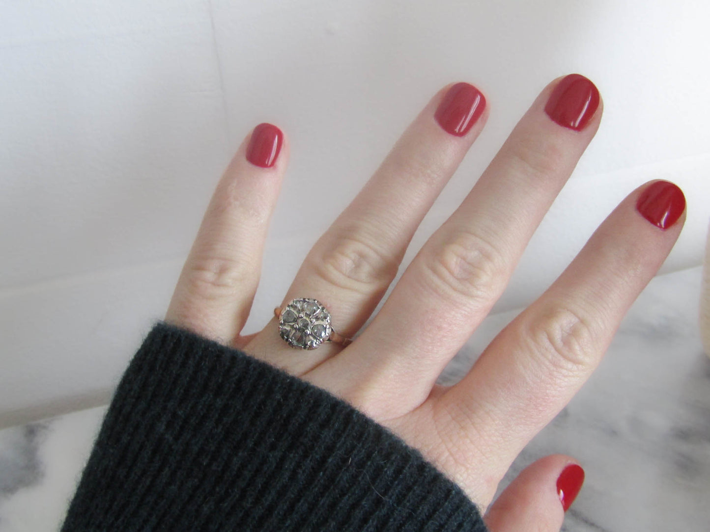 Antique Georgian Revival Dutch 14K Solid Gold and Rose Cut Diamond Quatrefoil Ring c. 1900