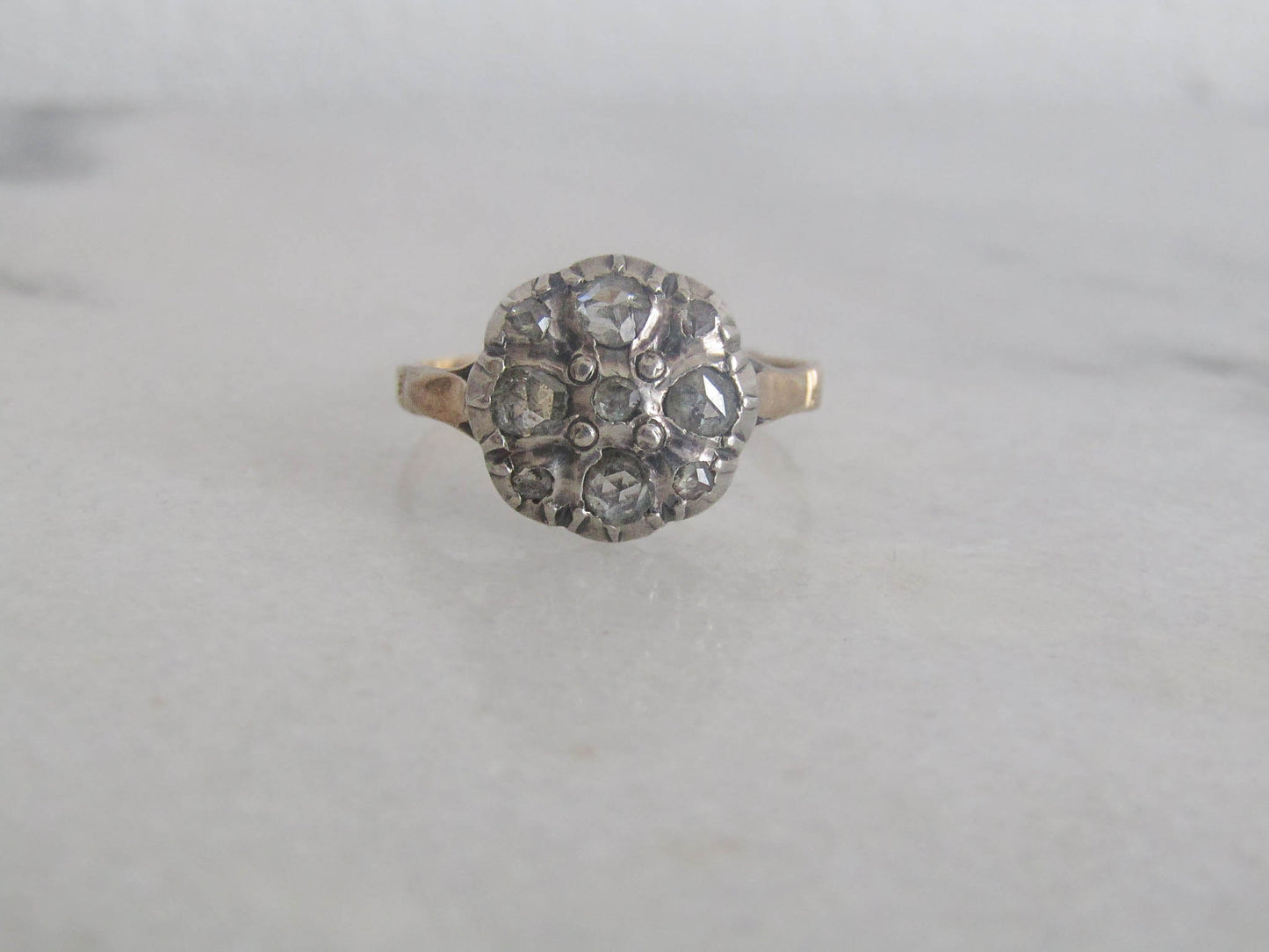 Antique Georgian Revival Dutch 14K Solid Gold and Rose Cut Diamond Quatrefoil Ring c. 1900