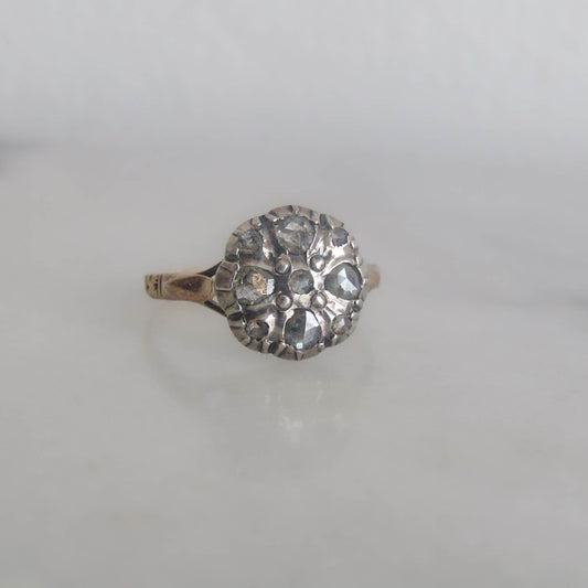 Antique Georgian Revival Dutch 14K Solid Gold and Rose Cut Diamond Quatrefoil Ring c. 1900