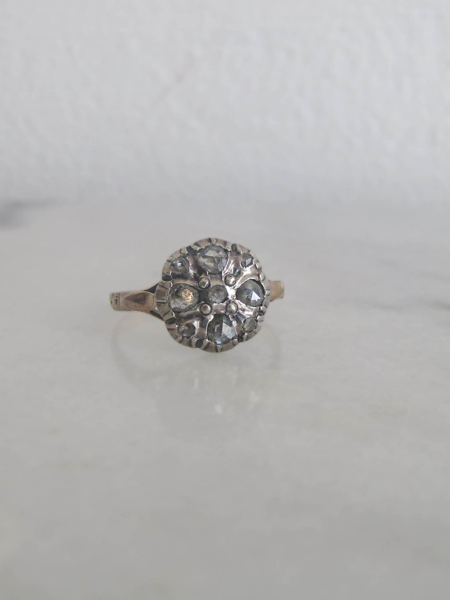 Antique Georgian Revival Dutch 14K Solid Gold and Rose Cut Diamond Quatrefoil Ring c. 1900