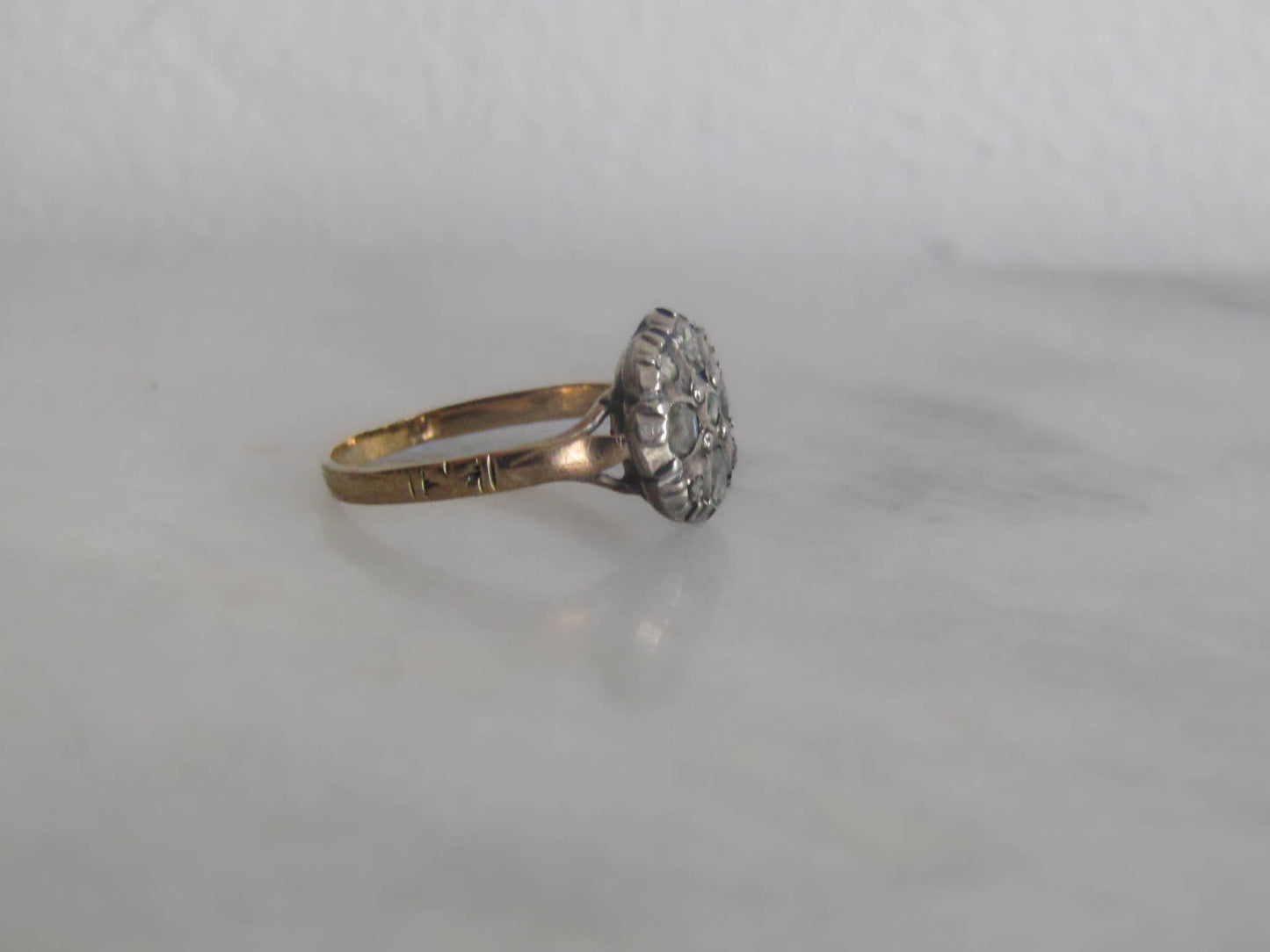 Antique Georgian Revival Dutch 14K Solid Gold and Rose Cut Diamond Quatrefoil Ring c. 1900