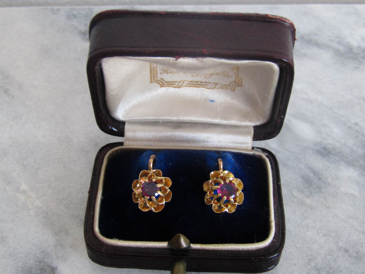 Antique Rhodolite Garnet French Drop Sleeper Earrings, Victorian Dangle Earrings with Buttercup Setting c. 1900