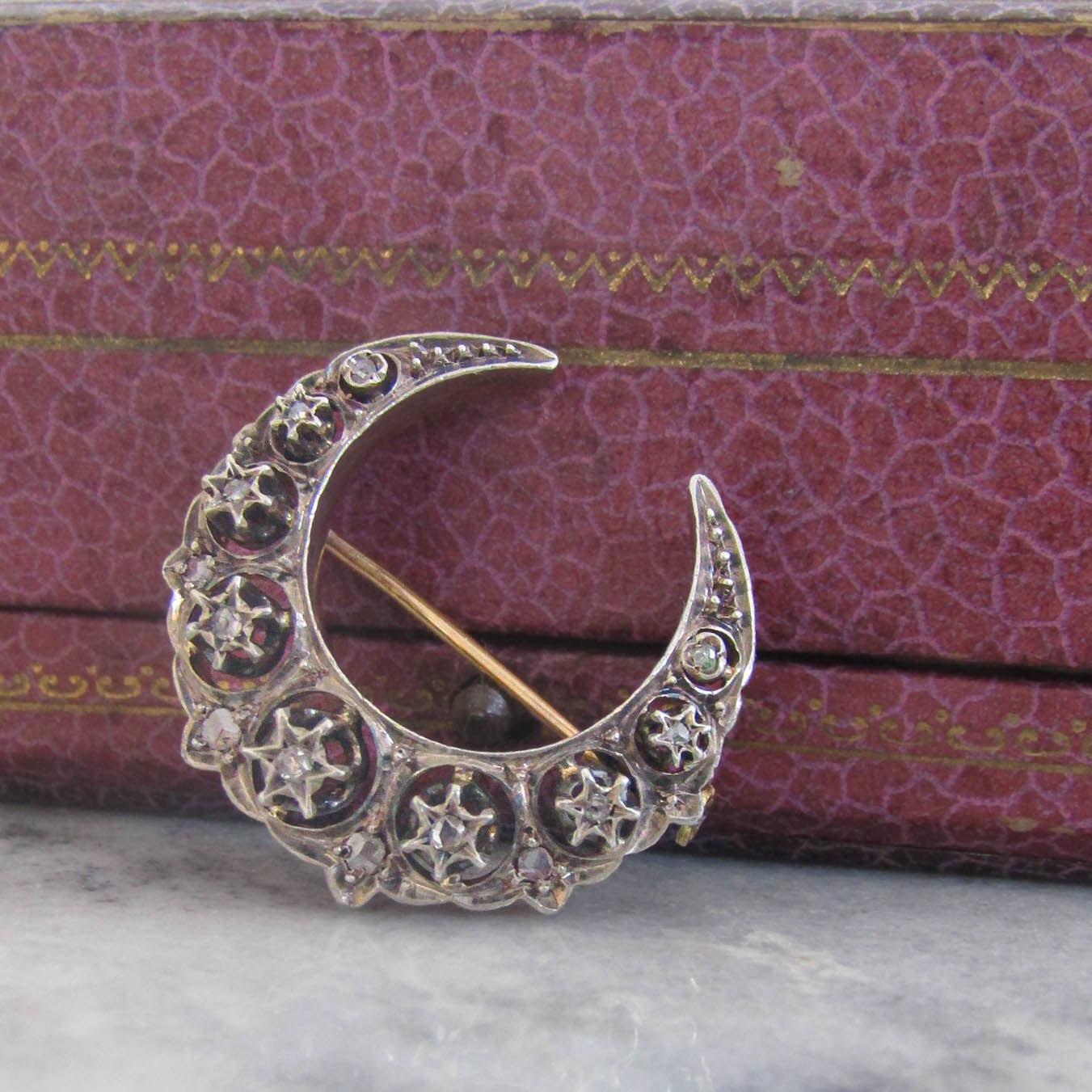 Antique 18K Diamond Crescent Brooch, Victorian Silver and Rose Cut Diamond Brooch c. 1900