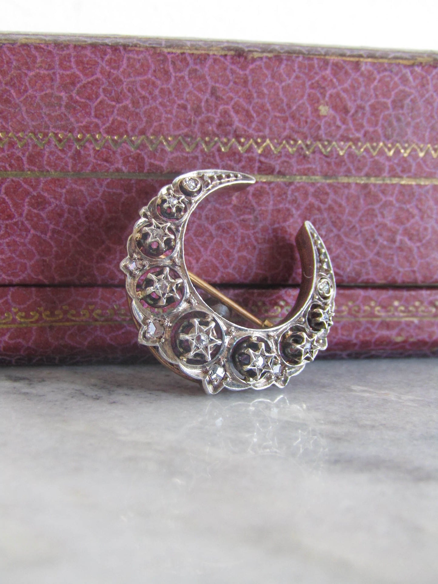 Antique 18K Diamond Crescent Brooch, Victorian Silver and Rose Cut Diamond Brooch c. 1900