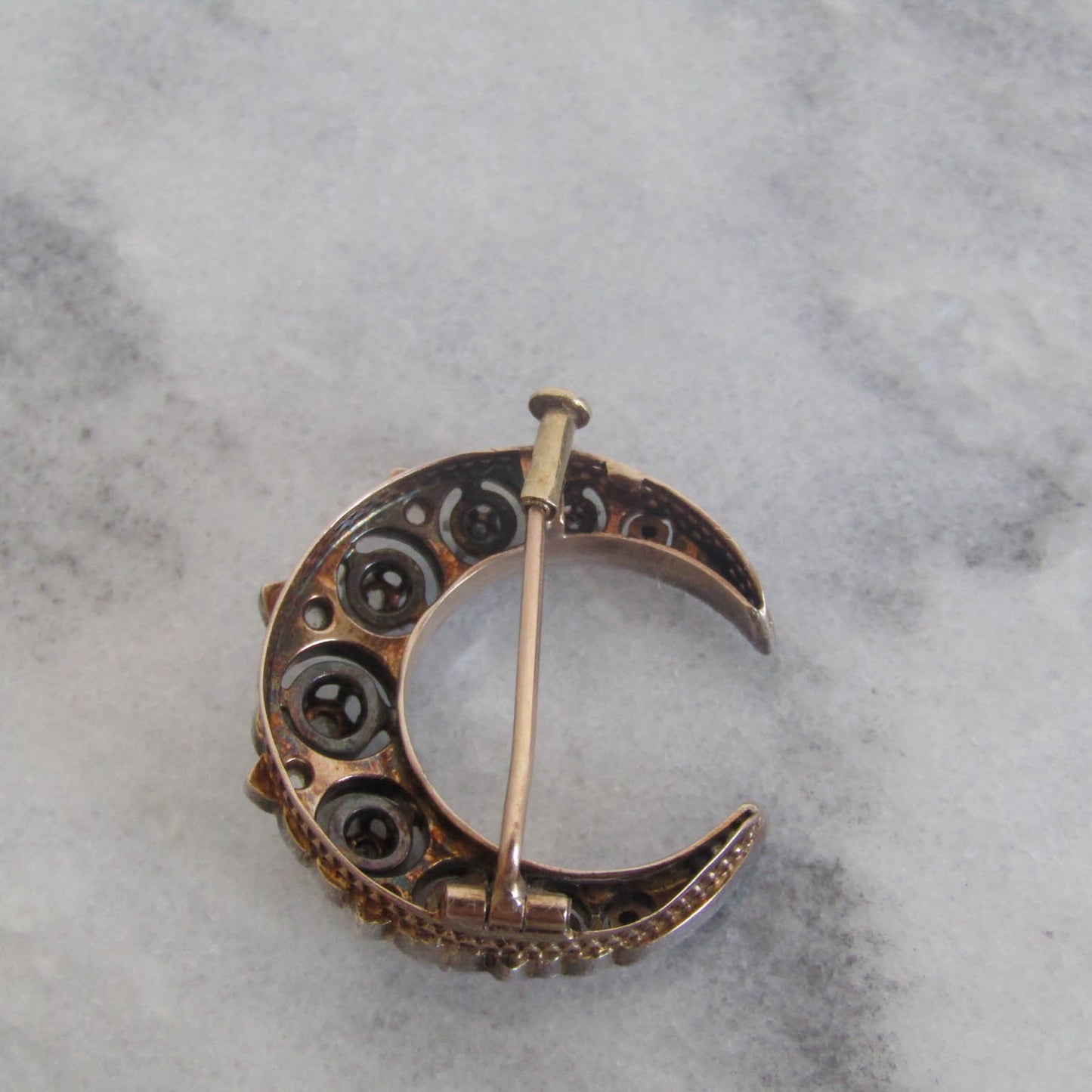 Antique 18K Diamond Crescent Brooch, Victorian Silver and Rose Cut Diamond Brooch c. 1900