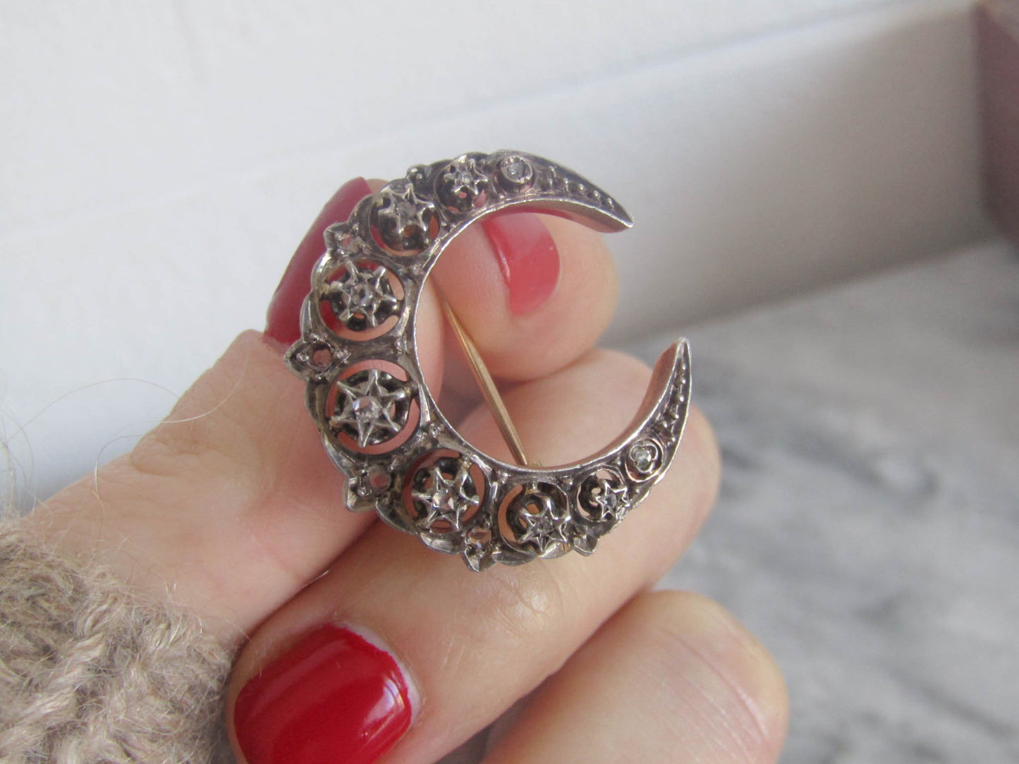 Antique 18K Diamond Crescent Brooch, Victorian Silver and Rose Cut Diamond Brooch c. 1900
