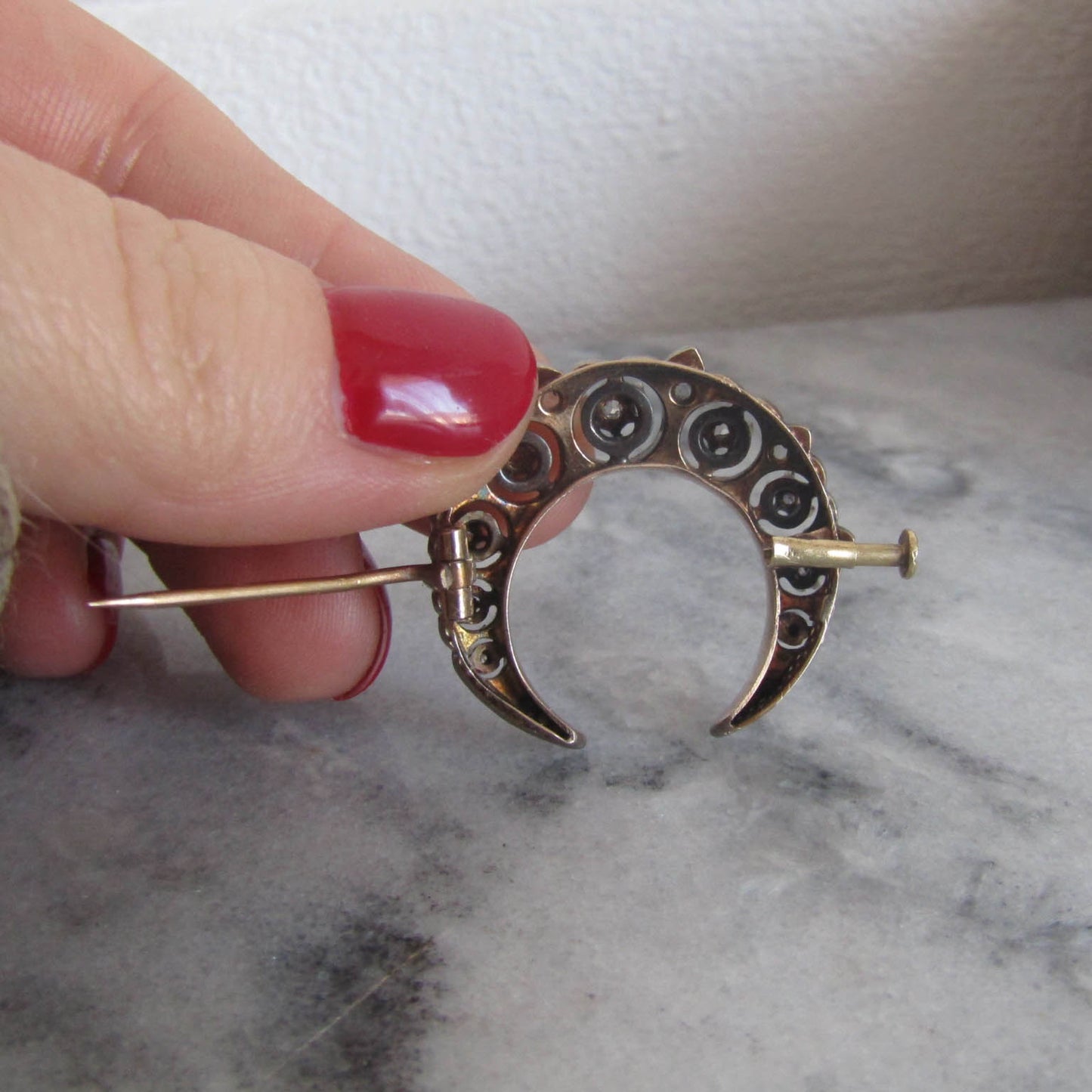 Antique 18K Diamond Crescent Brooch, Victorian Silver and Rose Cut Diamond Brooch c. 1900