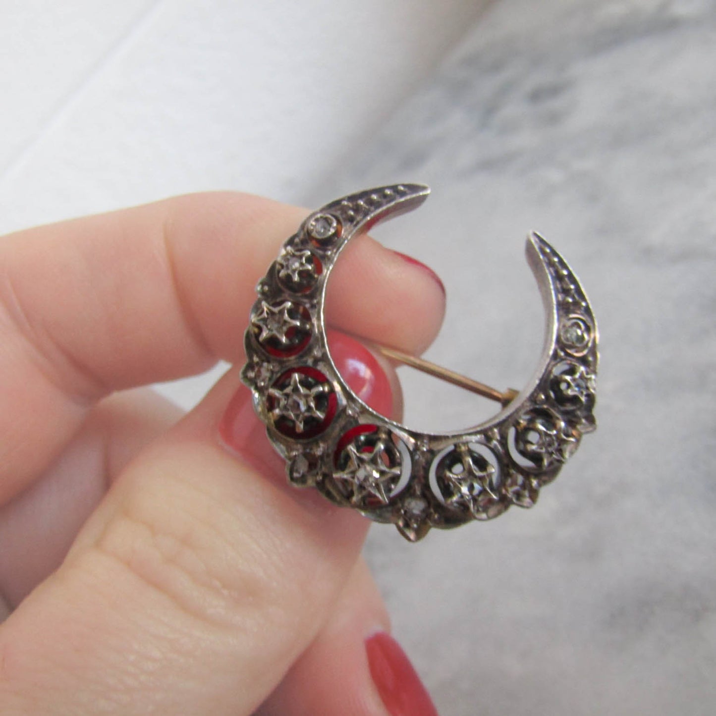 Antique 18K Diamond Crescent Brooch, Victorian Silver and Rose Cut Diamond Brooch c. 1900