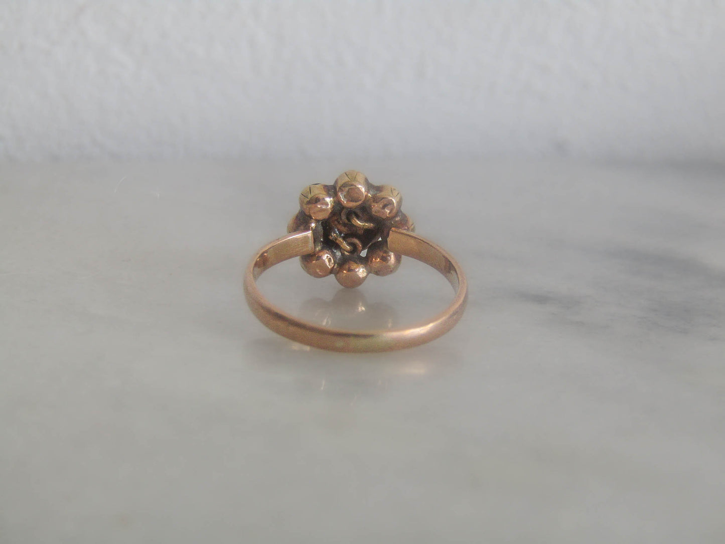 Antique 18K Perpignan Garnet Ring, Antique French Foil Backed Garnet Catalan Daisy Ring