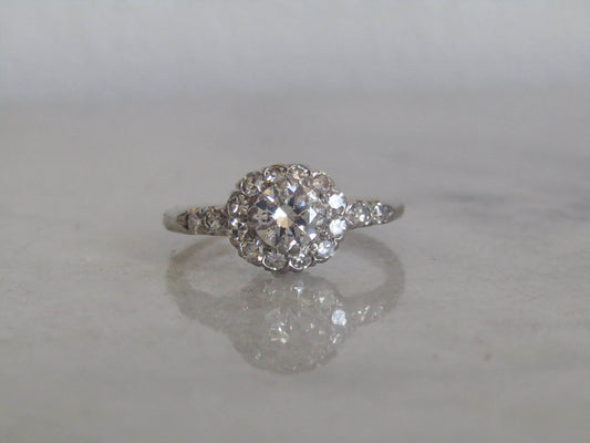 Antique 0.75 ct Diamond Daisy Ring with Platinum and 18k Gold, French Antique Daisy Cluster Engagement Ring c. 1900
