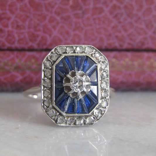 Antique Art Deco Engagement Ring with Calibrated Sapphires and Diamonds c. 1920