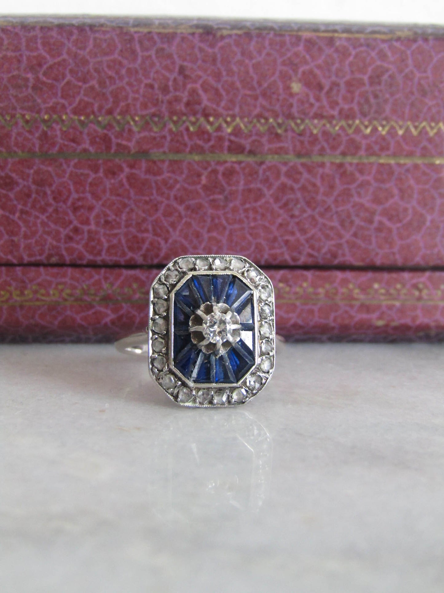 Antique Art Deco Engagement Ring with Calibrated Sapphires and Diamonds c. 1920