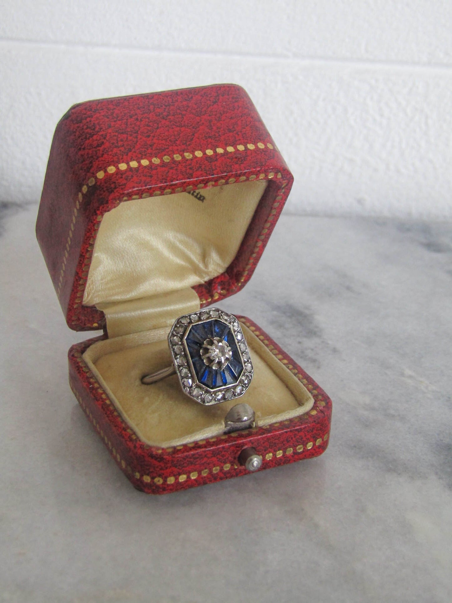 Antique Art Deco Engagement Ring with Calibrated Sapphires and Diamonds c. 1920