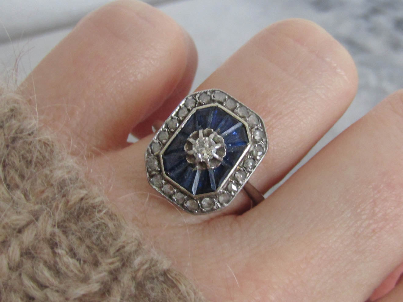 Antique Art Deco Engagement Ring with Calibrated Sapphires and Diamonds c. 1920