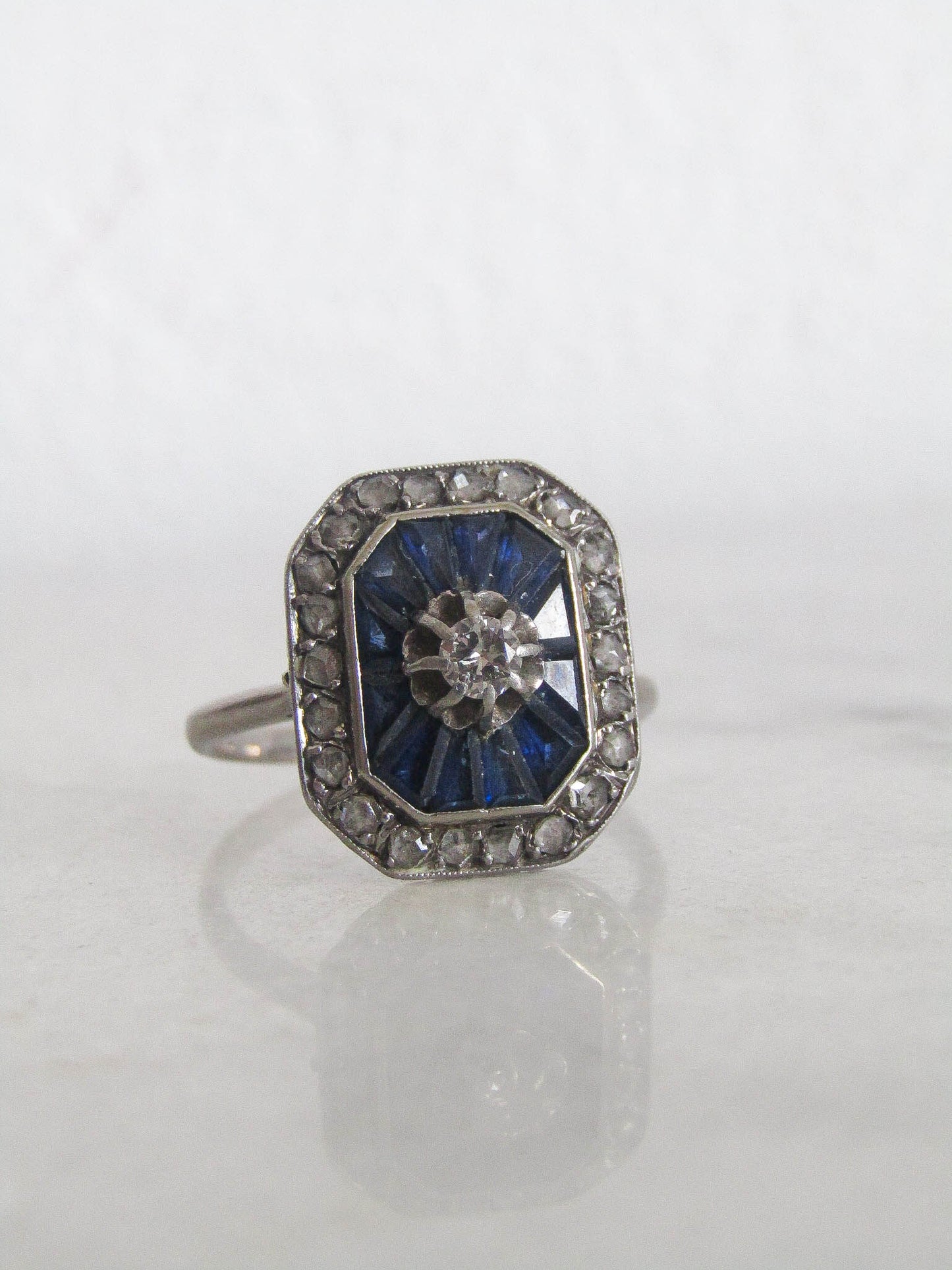 Antique Art Deco Engagement Ring with Calibrated Sapphires and Diamonds c. 1920