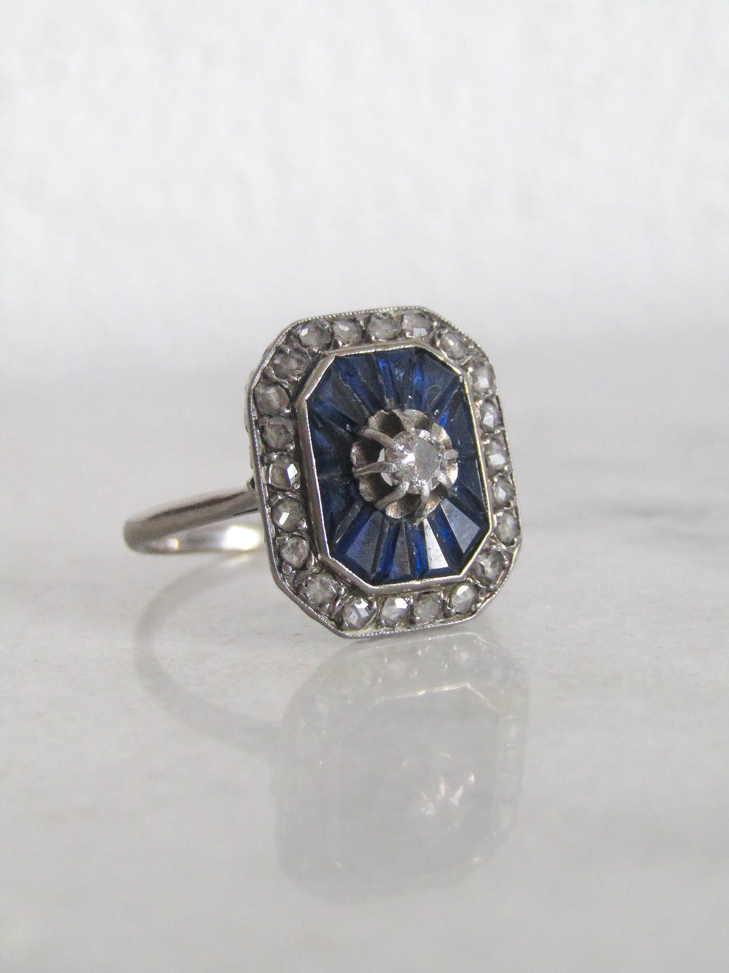 Antique Art Deco Engagement Ring with Calibrated Sapphires and Diamonds c. 1920