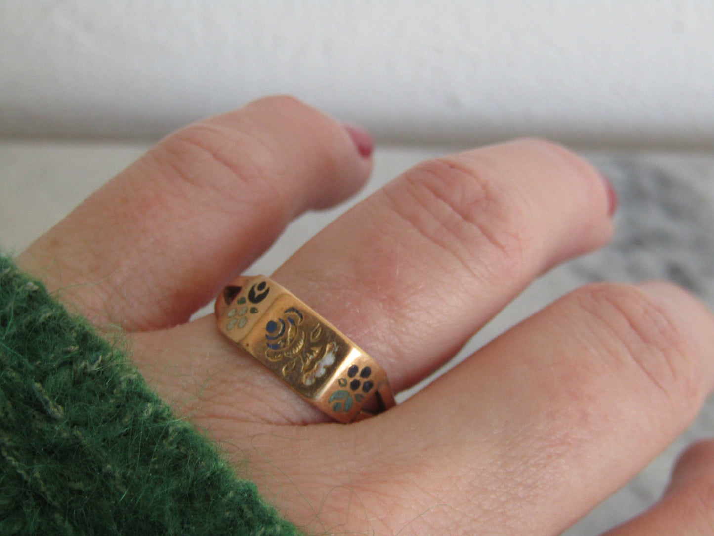Antique 18K Solid Gold, Enamel French Regional Engagement Ring XIX Century