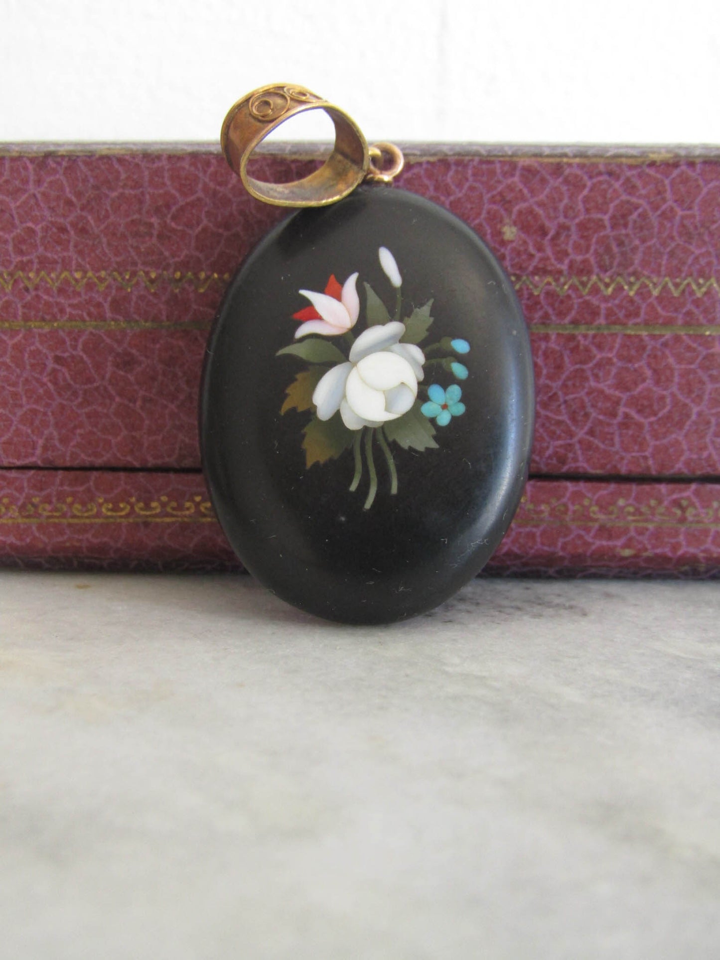 Antique 18K Gold and Silver Pietra Dura Sentimental Locket