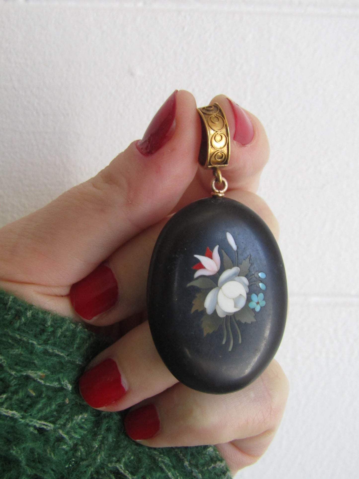 Antique 18K Gold and Silver Pietra Dura Sentimental Locket