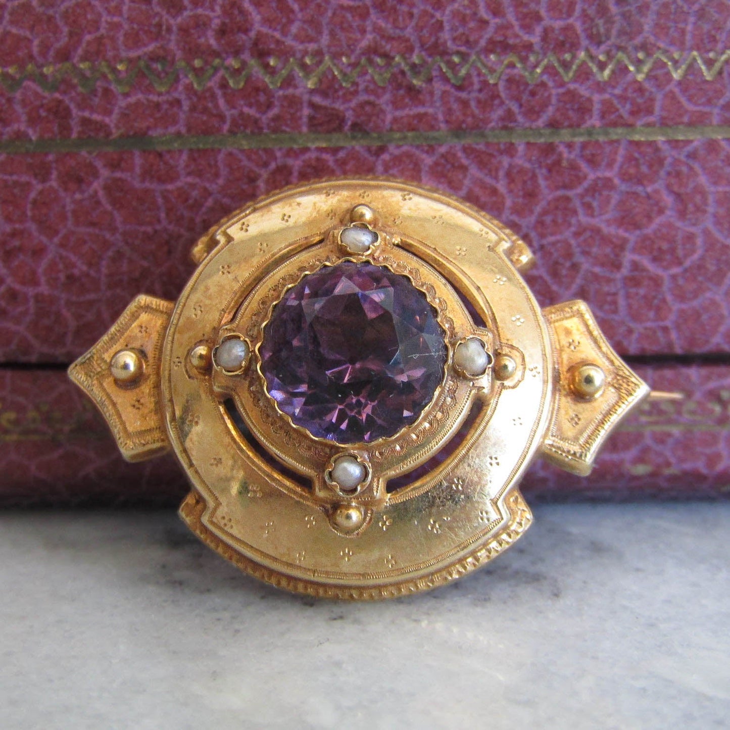 Antique Amethyst Etruscan Revival Brooch