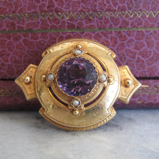 Antique Amethyst Etruscan Revival Brooch