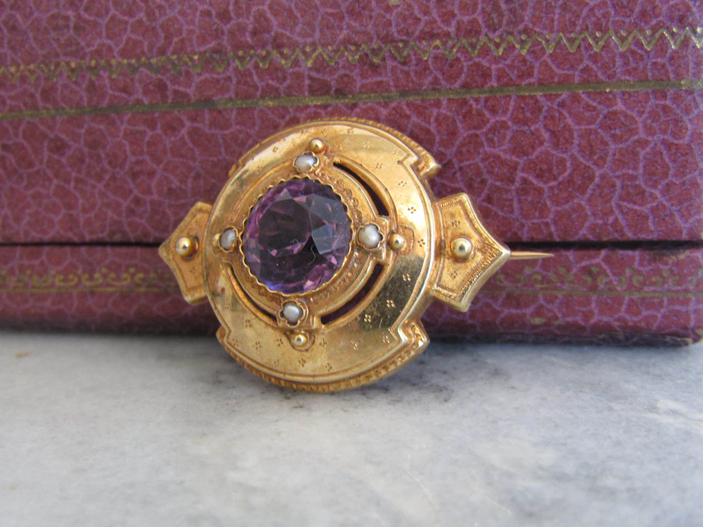 Antique Amethyst Etruscan Revival Brooch