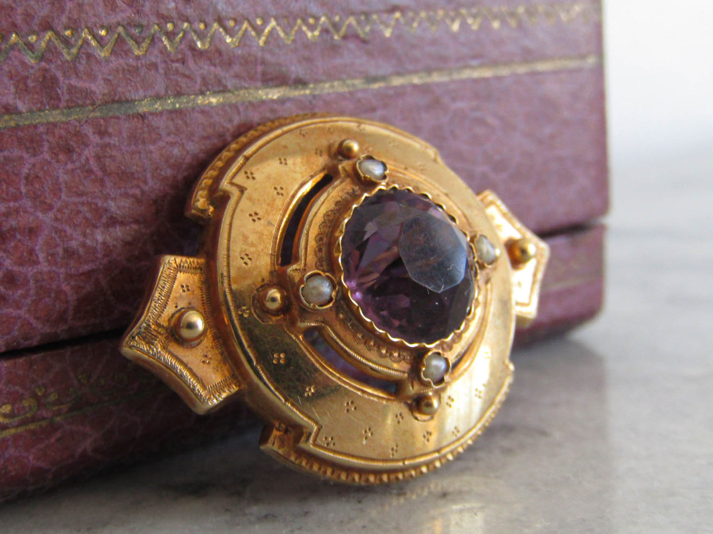 Antique Amethyst Etruscan Revival Brooch