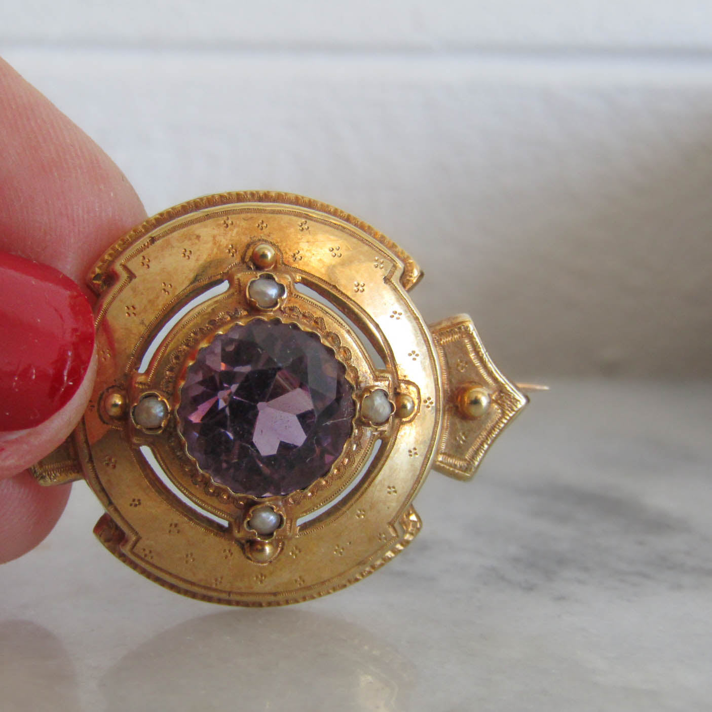 Antique Amethyst Etruscan Revival Brooch