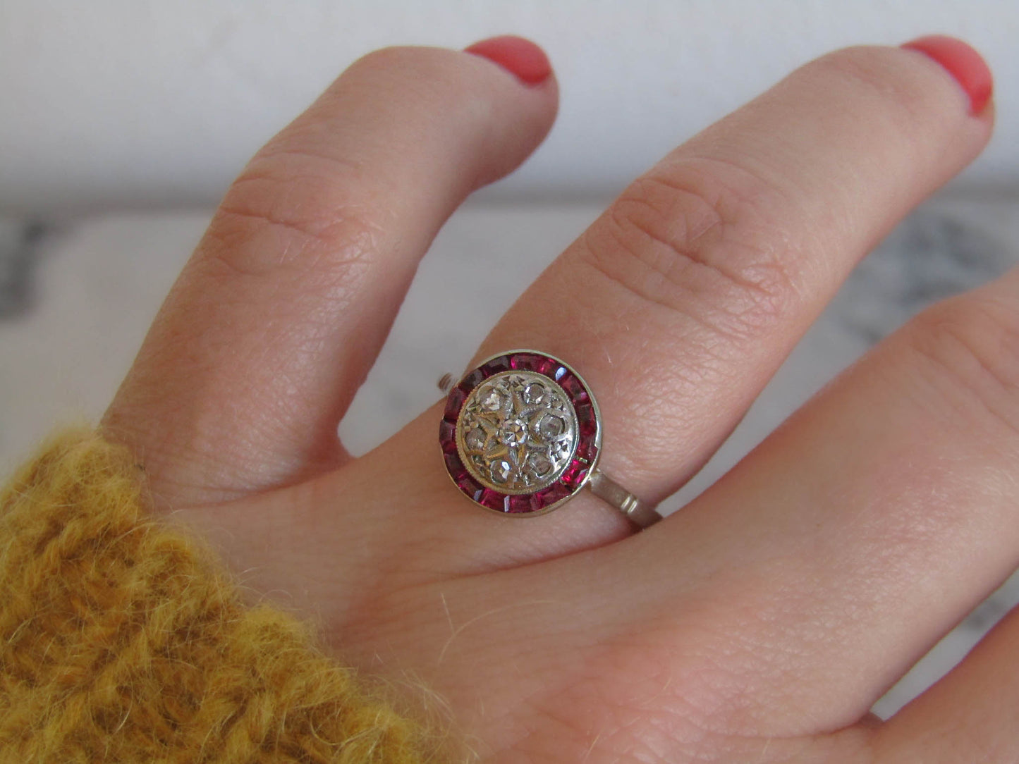 18K Art Deco Rose Cut Diamond and Ruby Halo Ring, Antique French White Gold Antique Ring with Diamonds and Rubies c. 1920