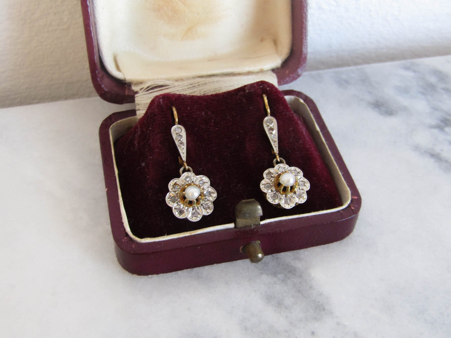 Antique Edwardian Diamond Chip Daisy Drop Earrings c. 1900