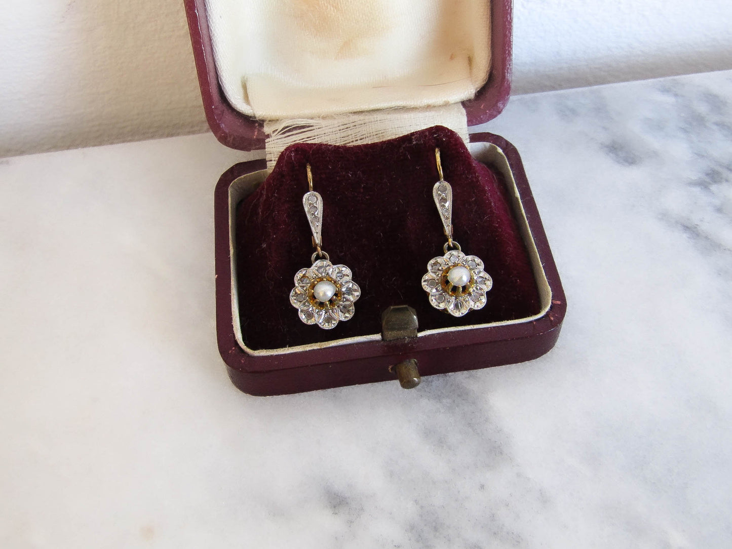 Antique Edwardian Diamond Chip Daisy Drop Earrings c. 1900