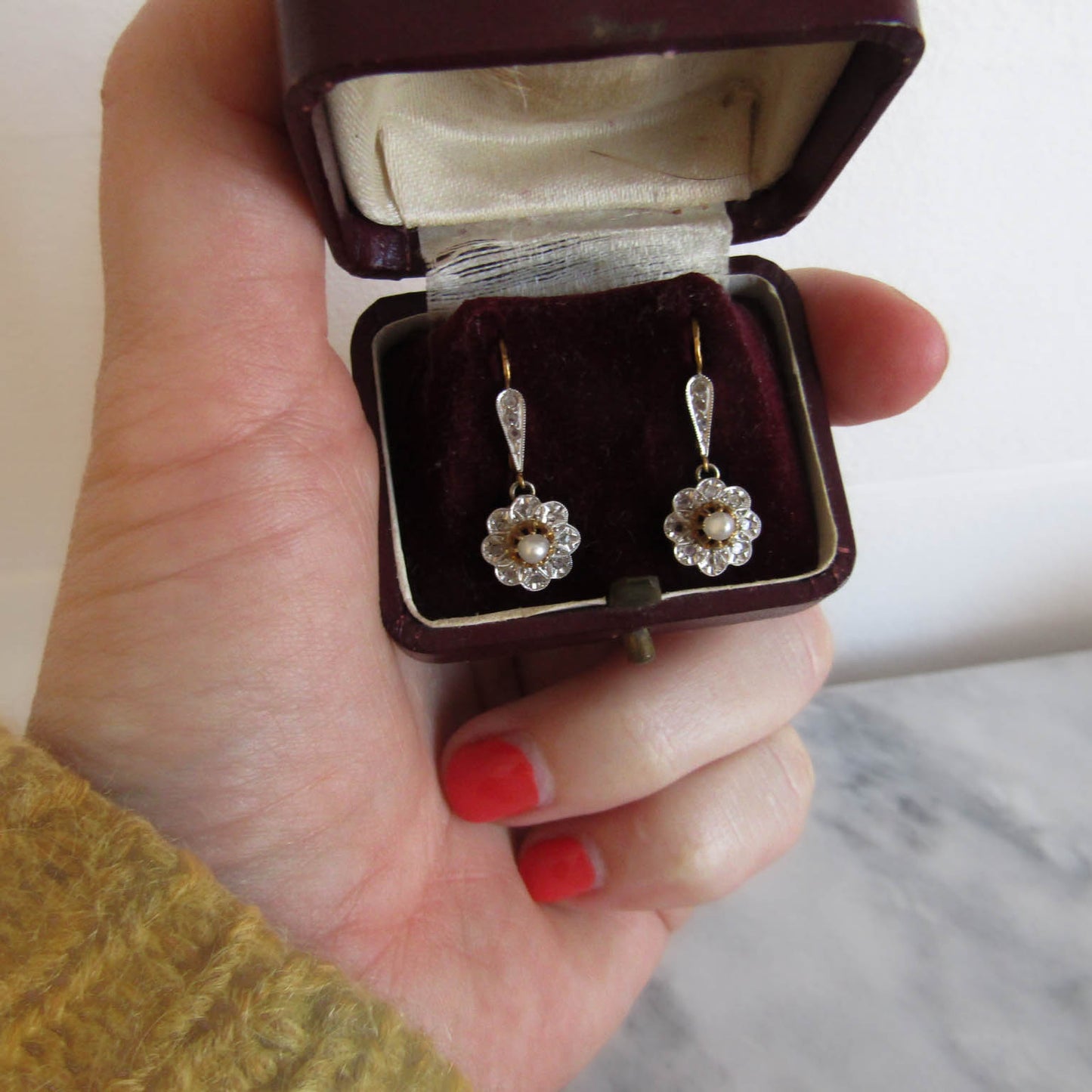 Antique Edwardian Diamond Chip Daisy Drop Earrings c. 1900
