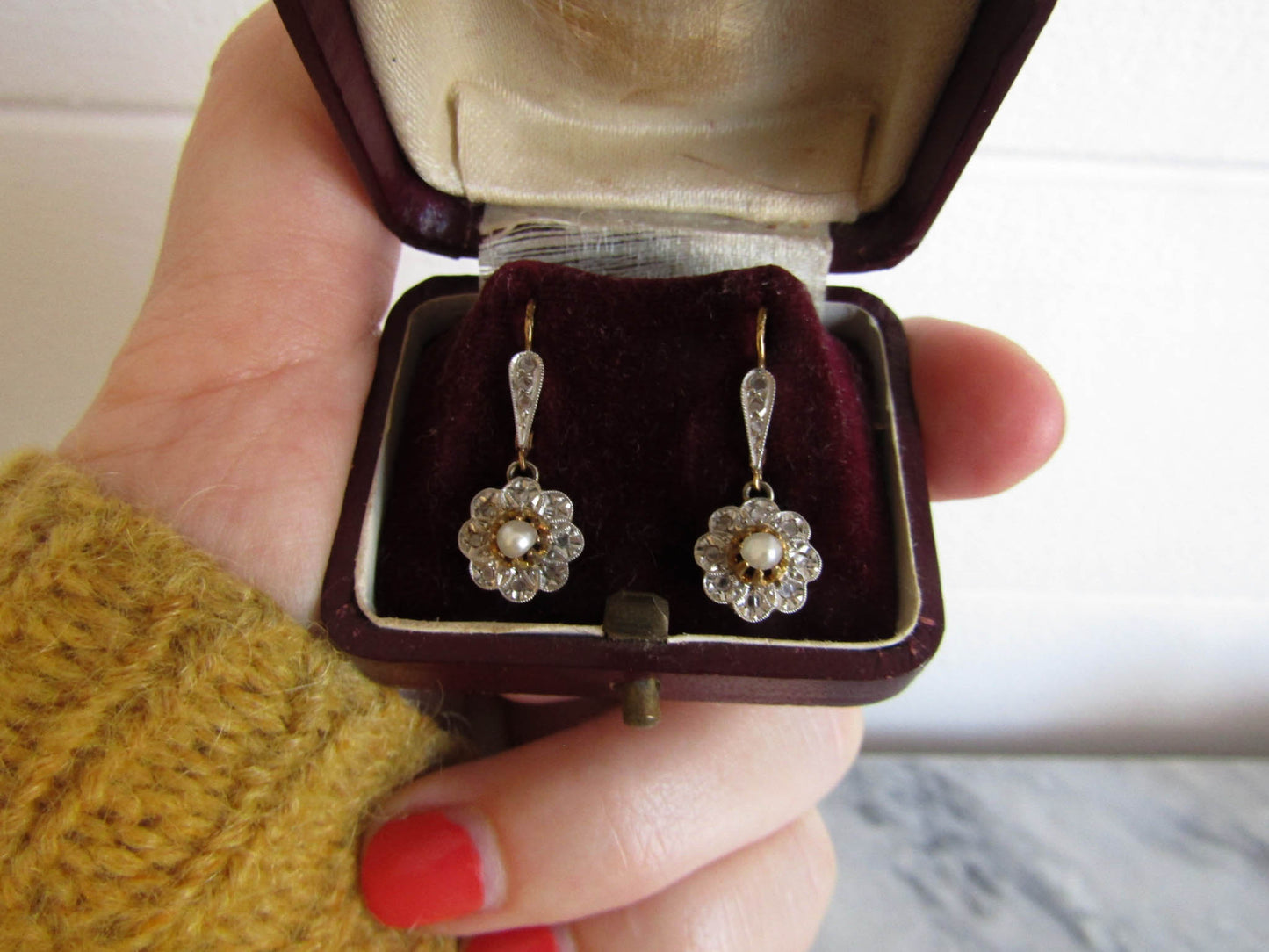 Antique Edwardian Diamond Chip Daisy Drop Earrings c. 1900