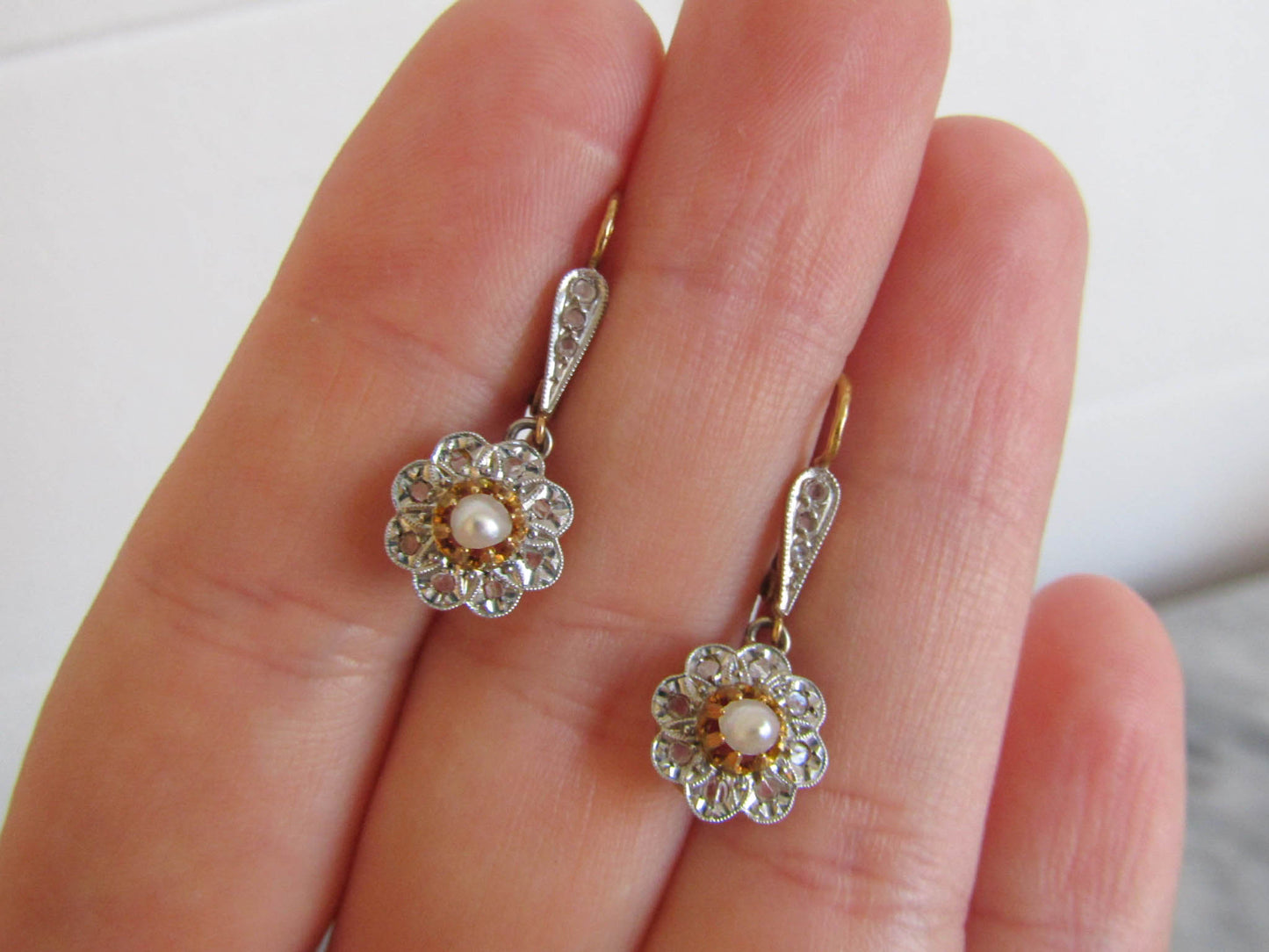 Antique Edwardian Diamond Chip Daisy Drop Earrings c. 1900