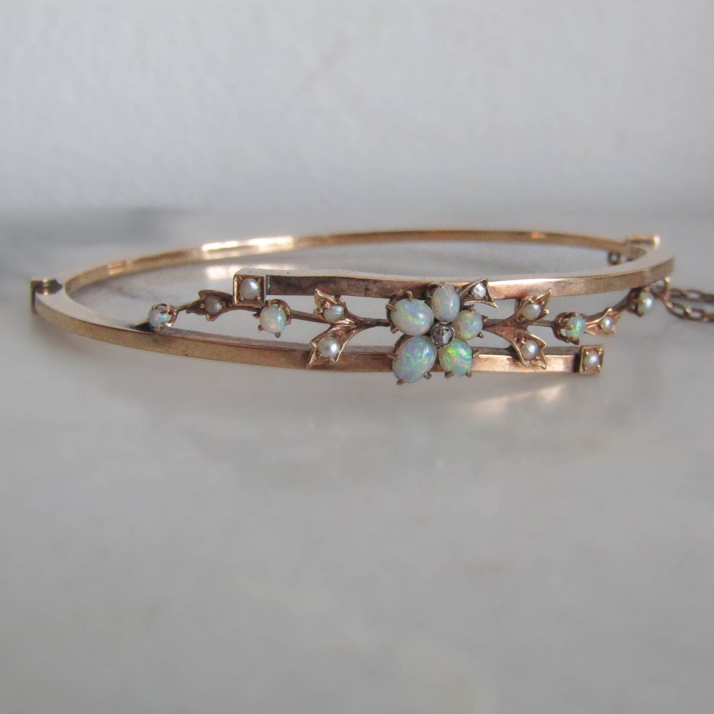 Antique 14K Solid Gold Opal, Pearl, and Diamond Bangle Bracelet c. 1900