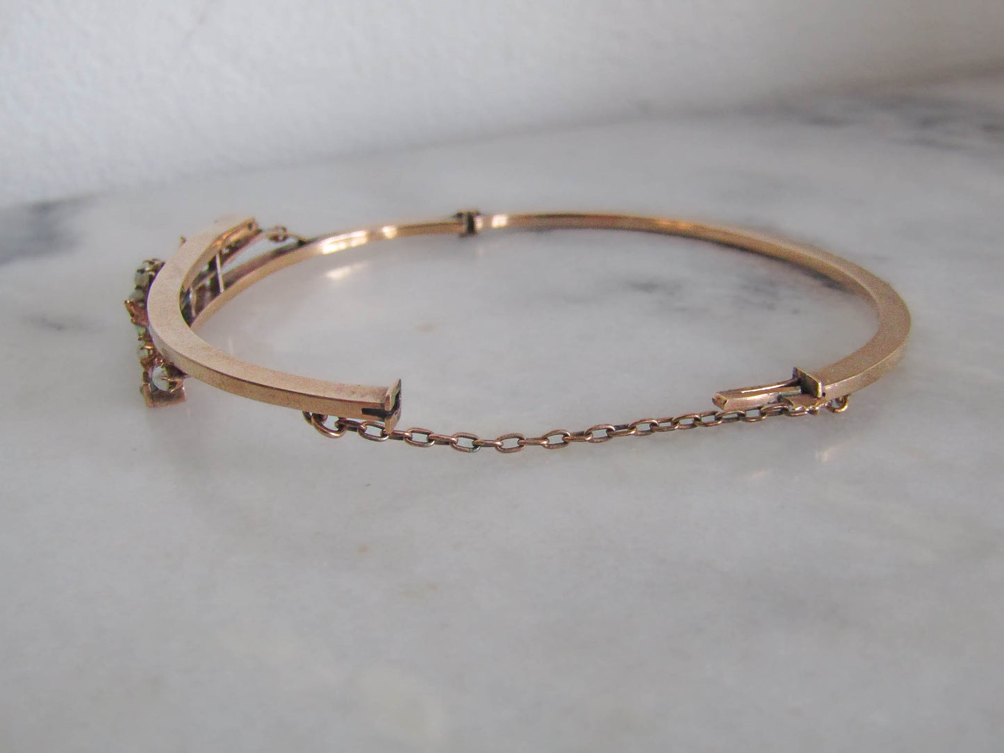 Antique 14K Solid Gold Opal, Pearl, and Diamond Bangle Bracelet c. 1900