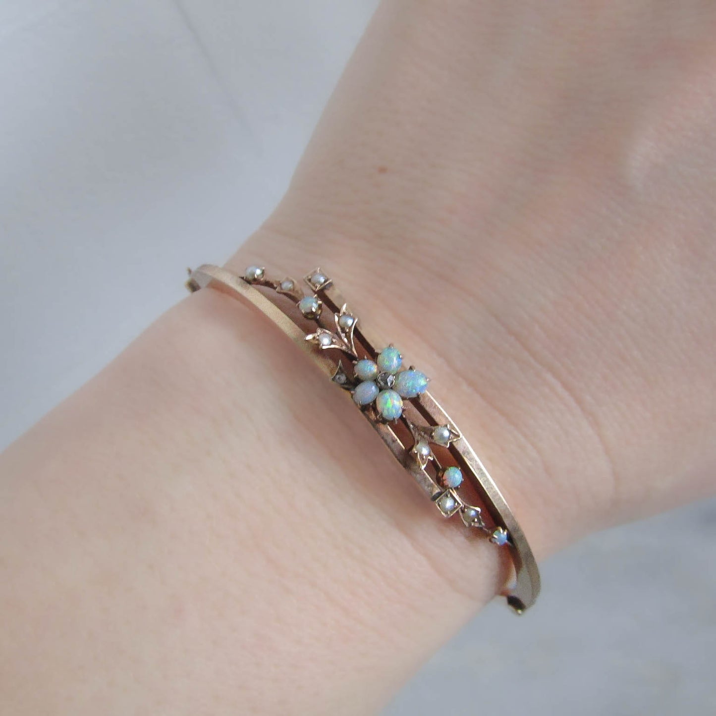 Antique 14K Solid Gold Opal, Pearl, and Diamond Bangle Bracelet c. 1900