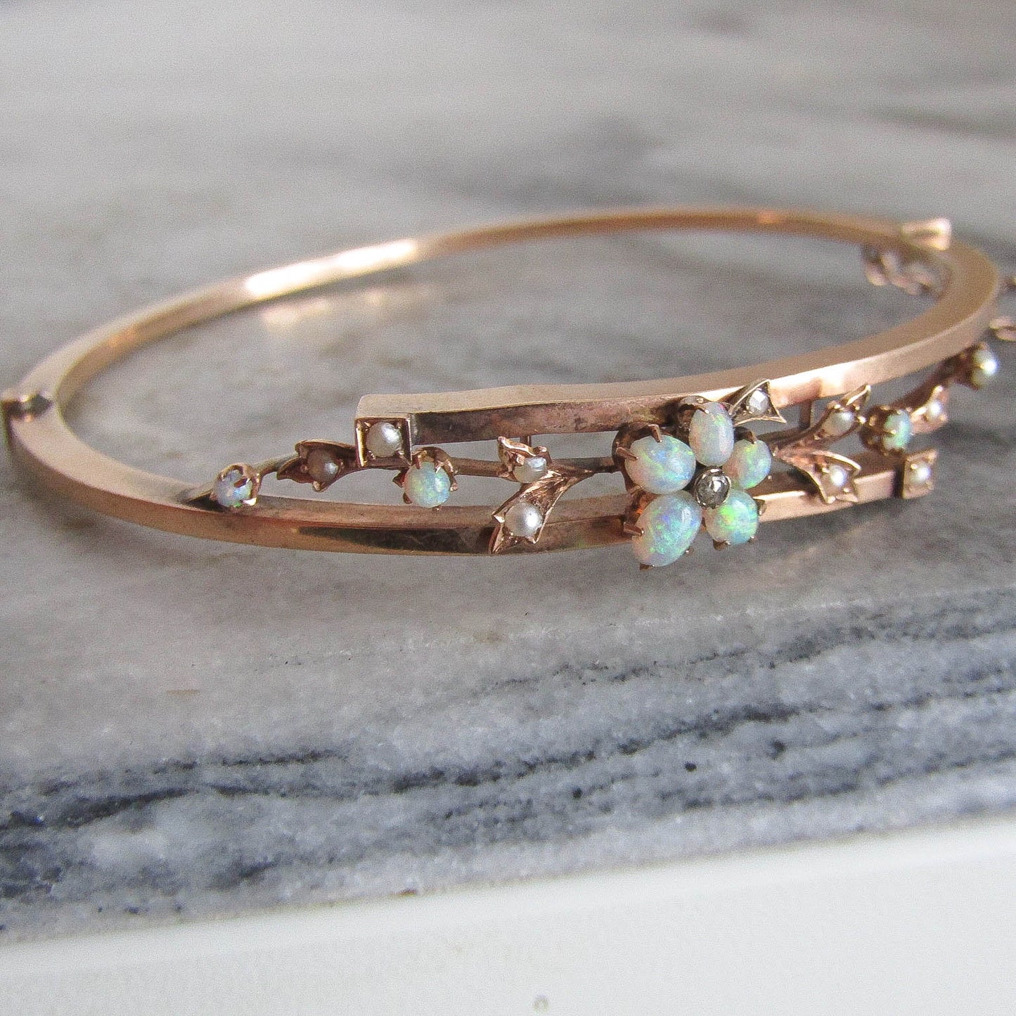 Antique 14K Solid Gold Opal, Pearl, and Diamond Bangle Bracelet c. 1900