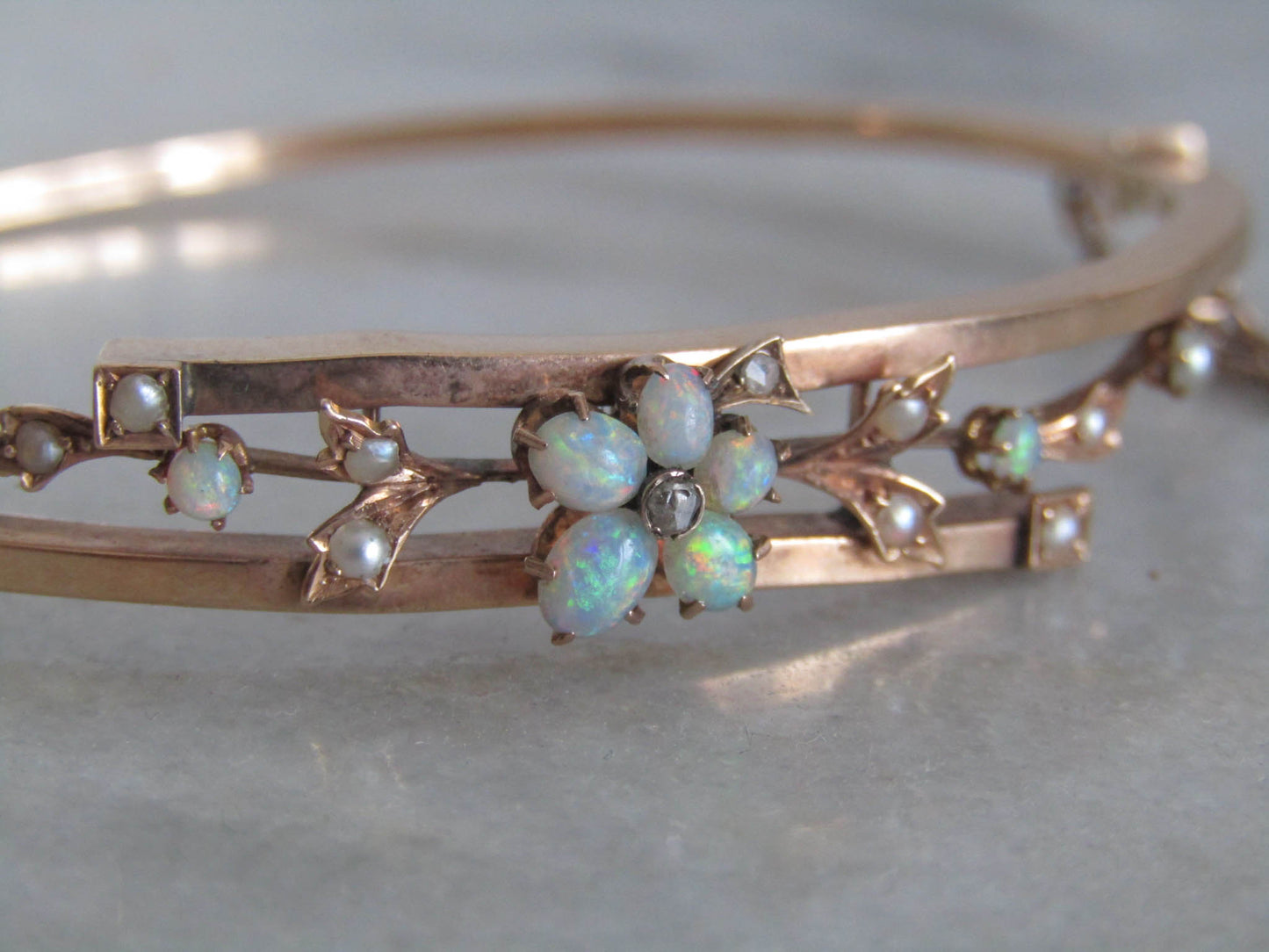 Antique 14K Solid Gold Opal, Pearl, and Diamond Bangle Bracelet c. 1900