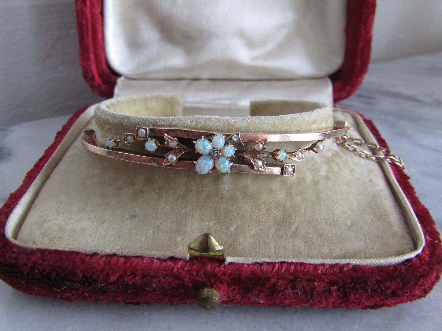 Antique 14K Solid Gold Opal, Pearl, and Diamond Bangle Bracelet c. 1900