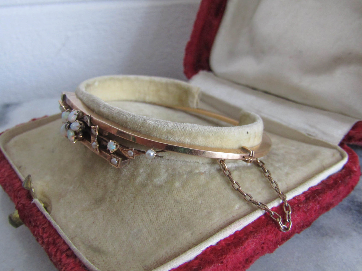 Antique 14K Solid Gold Opal, Pearl, and Diamond Bangle Bracelet c. 1900