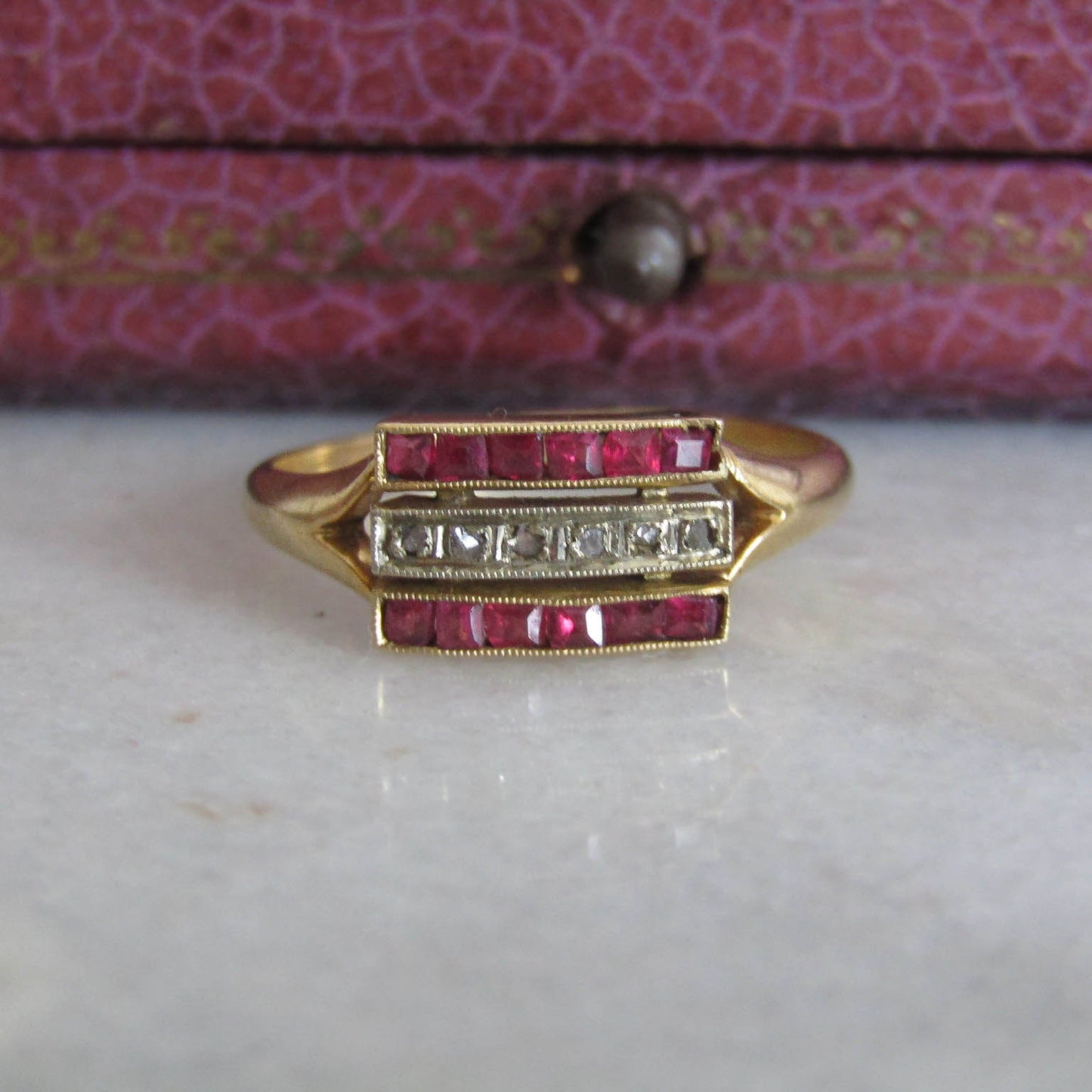Vintage Art Deco Calibrated Ruby and Diamond Line Ring