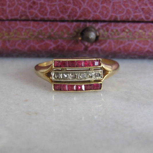 Vintage Art Deco Calibrated Ruby and Diamond Line Ring