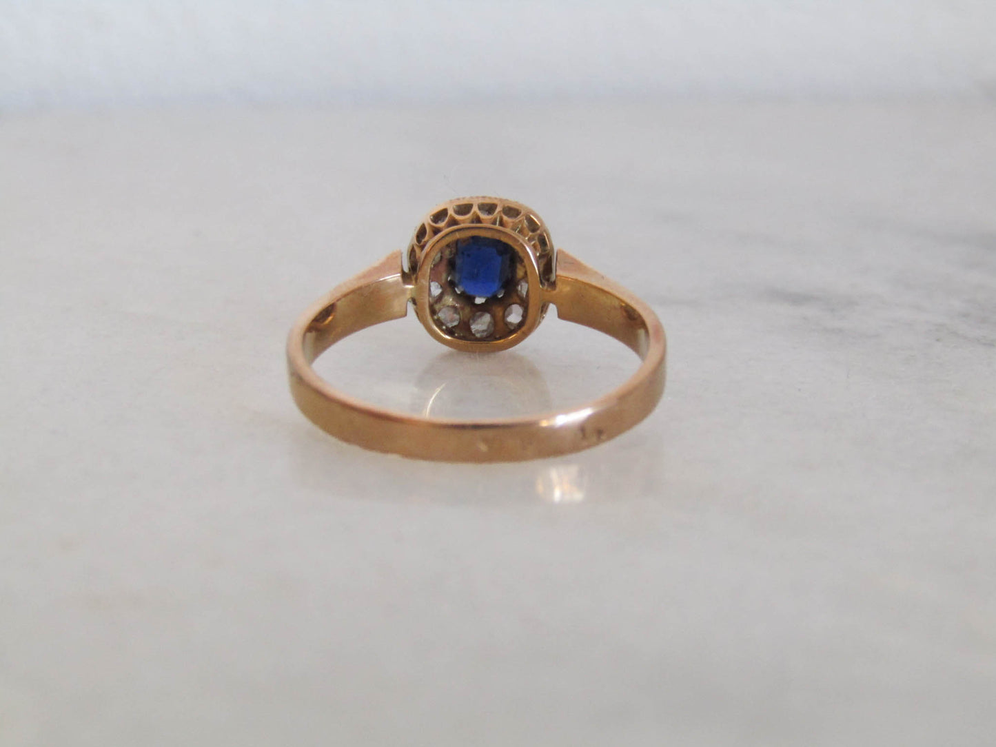Antique Sapphire Paste and Diamond 14K Solid Gold Margeurite Daisy Pompadour Ring, Victorian Belle Epoque Engagement Ring
