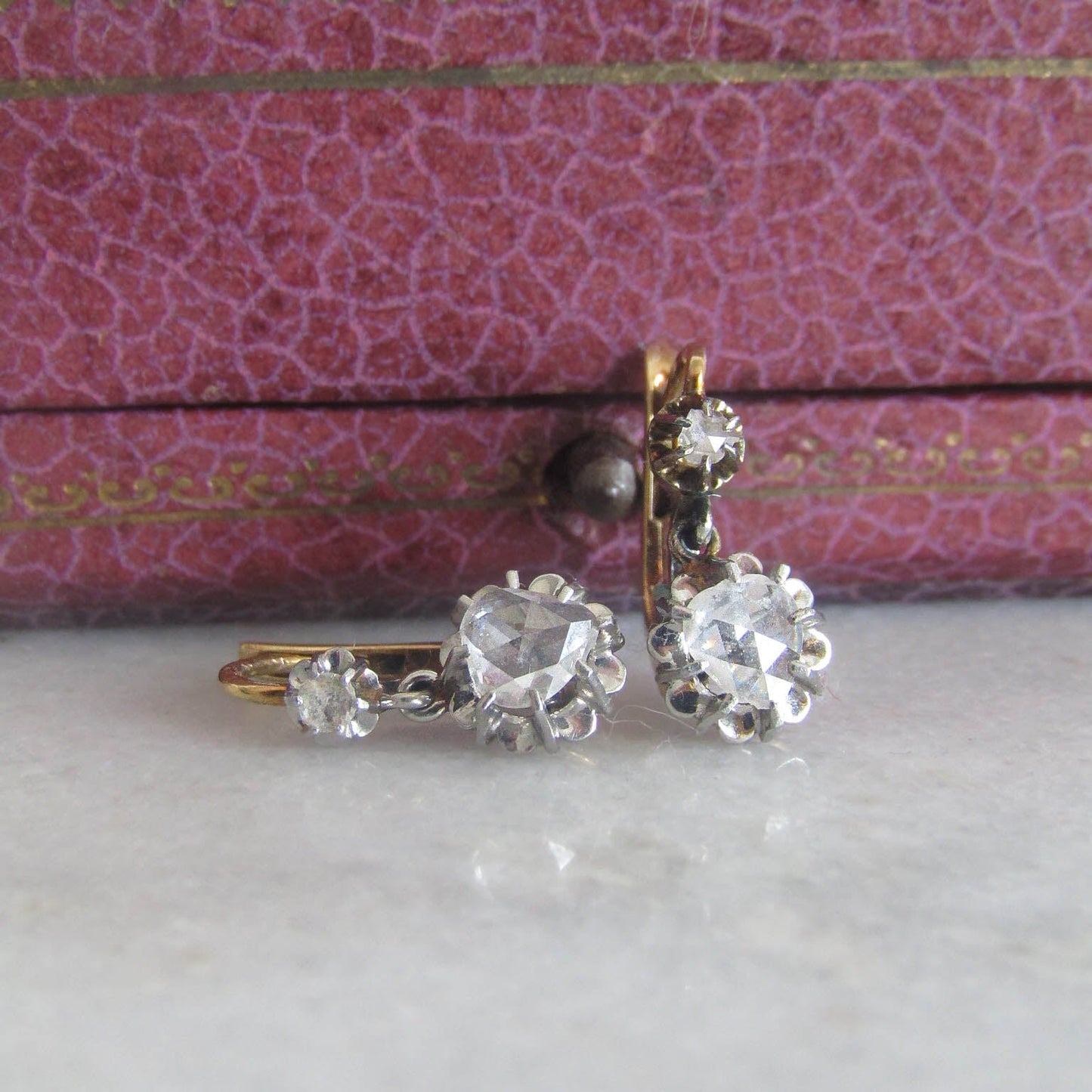 Victorian 18K and Platinum Heart Rose Cut Diamond Drop Earrings, Antique 18k French Rose Cut Diamond Earrings c. 1900