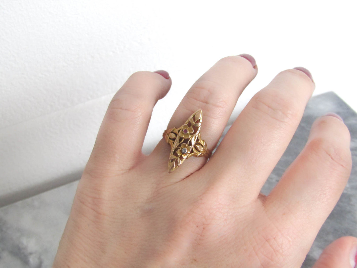 Antique Art Nouveau 18K Solid Gold Floral Navette Marquise Ring c. 1890
