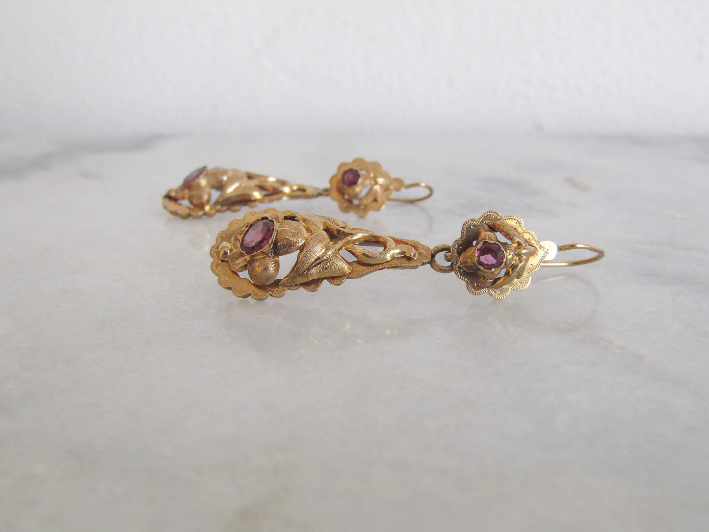 Antique Victorian Dangle Earrings with Rhodolite Garnets and Floral Design