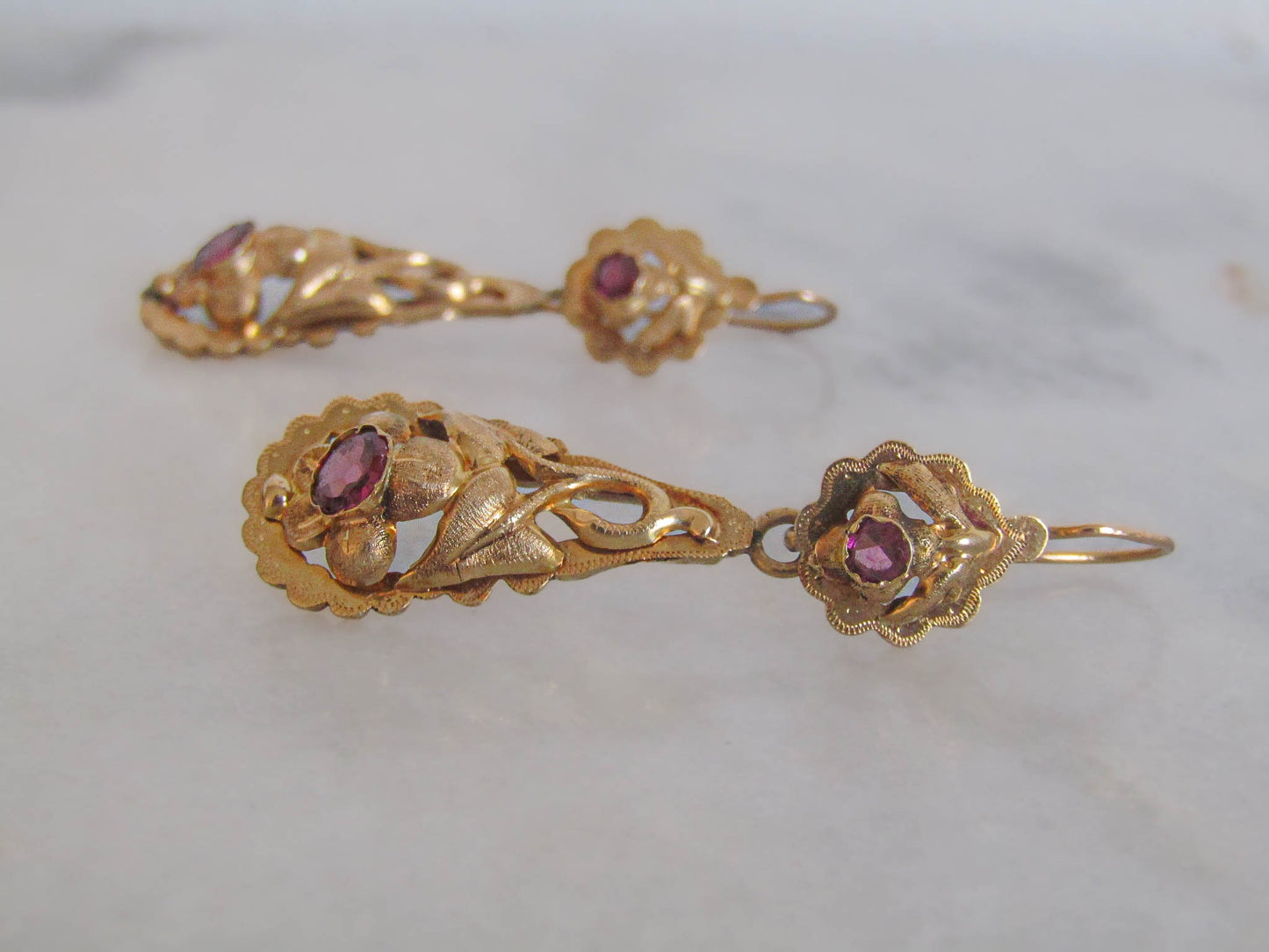 Antique Victorian Dangle Earrings with Rhodolite Garnets and Floral Design
