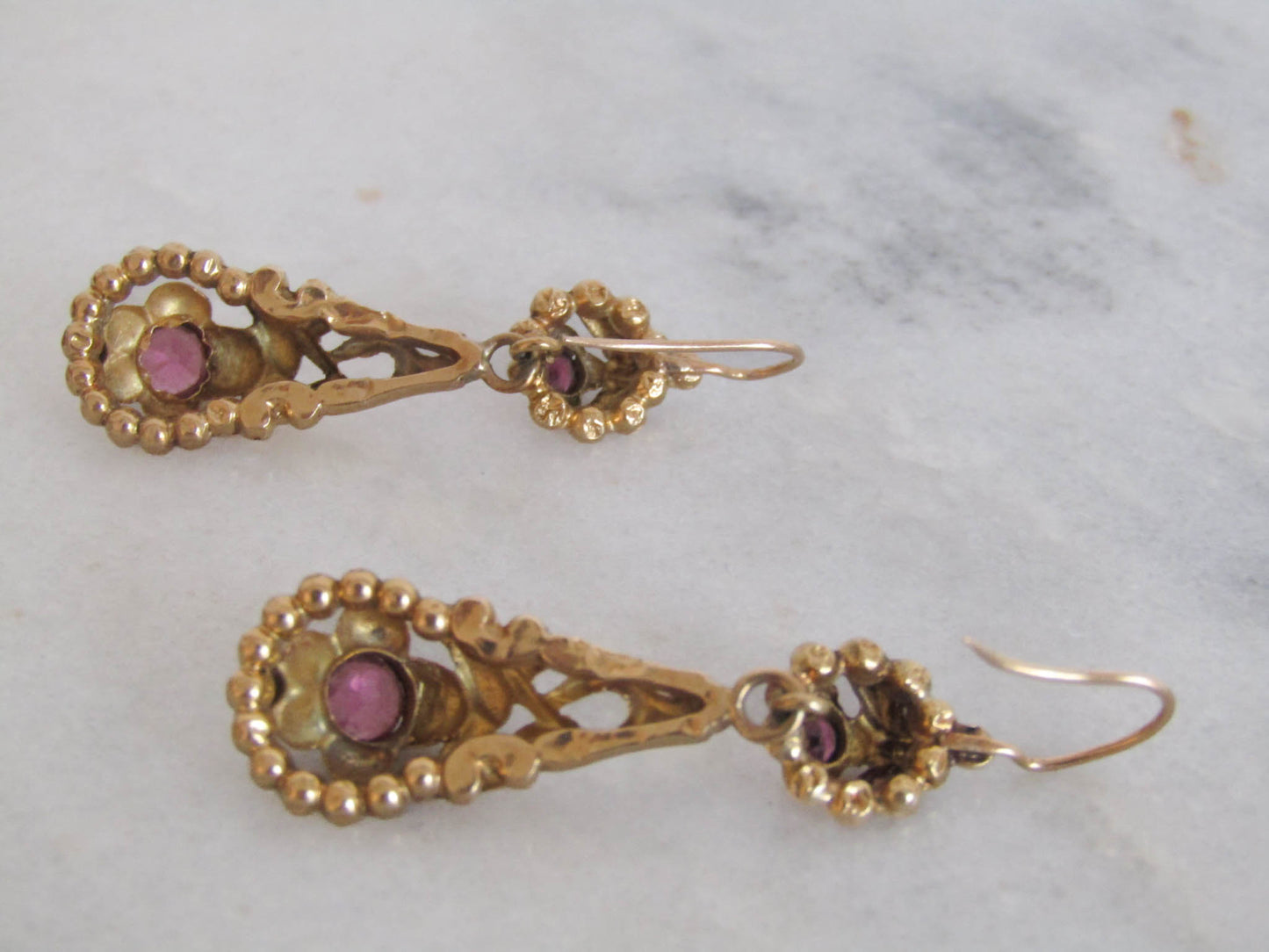 Antique Victorian Dangle Earrings with Rhodolite Garnets and Floral Design