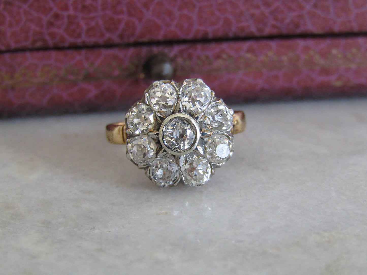 Antique 1.3 ct Diamond Daisy Ring with Platinum and 18k Gold, French Antique Daisy Cluster Engagement Ring c. 1900